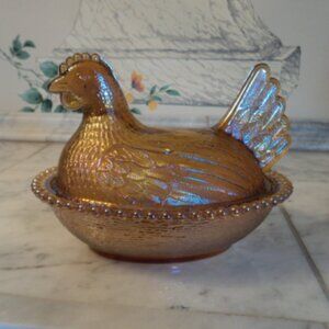 Vintage Iridescent Amber Glass Hen on a Nest Dish